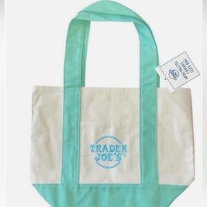 NWT Trader Joe's Cream and Mint Green Mini Canvas Tote Bag